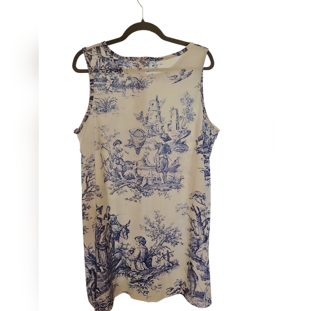 Blue White Toile De Jouy Sleeveless Shift Dress XL Toile Print Midi - Picture 4 of 4
